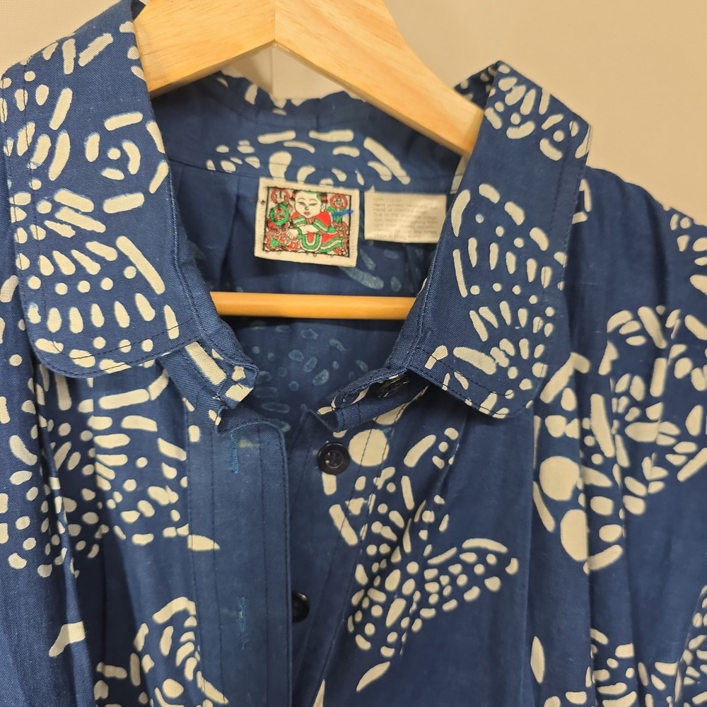 Vintage Handprinted Veggie Dye Indigo Cotton Midi‎ Dress Blue White Butterfly M - Picture 2 of 6